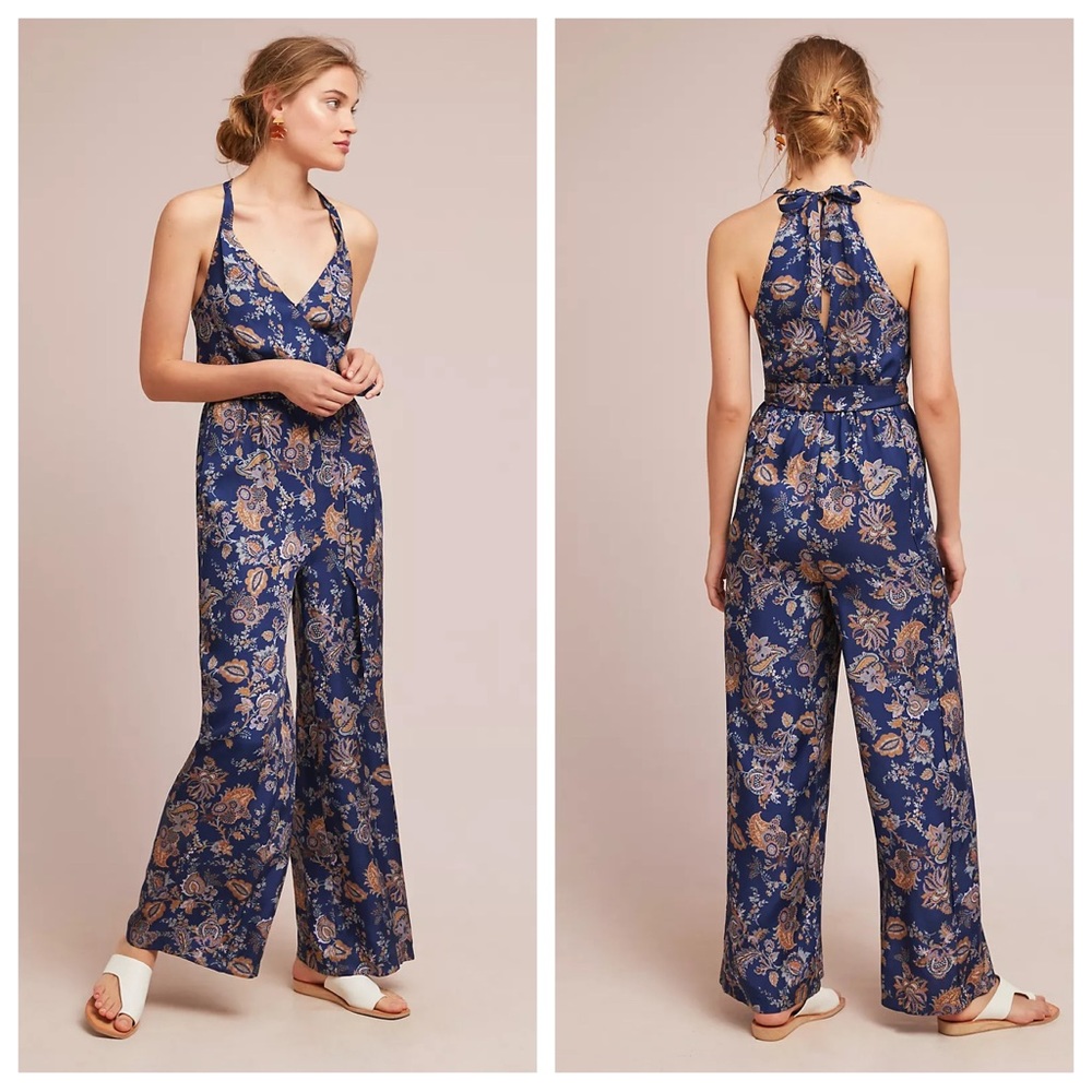 Anthropologie ett:twa Paisley Jumpsuit Blue Halter Tie Waist Belt SZ XXS